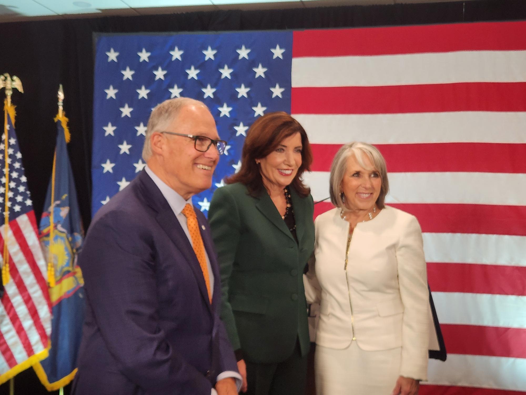 All In Co-Chair and US Climate Alliance founding member Governor Jay Inslee of Washington and co-chairs Governor Kathy Hochul of New York and Governor Michelle Lujan Grisham of New Mexico at the announcement of the Governor’s Climate-Ready Workforce Initiative.