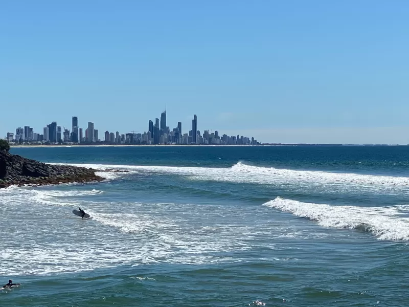 Coastline with a view of a city skyline