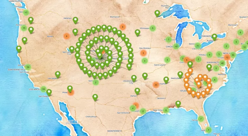 Still image of interactive map showing where support for federal policy is